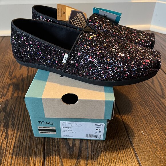 NWT Toms Black Rose Glitter Alpargata Slip On Flats 8.5 - Picture 2 of 5